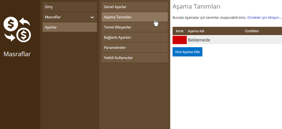 MAsraflar Aşama Tanımı Ekleme