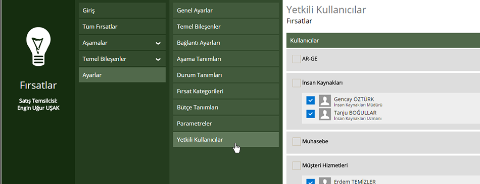 Fırsatlar Kullanıcı Yetkileri
