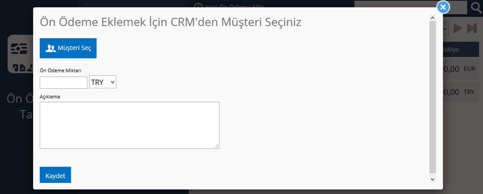 Ön Ödeme Ekle Müşteri Seçimi