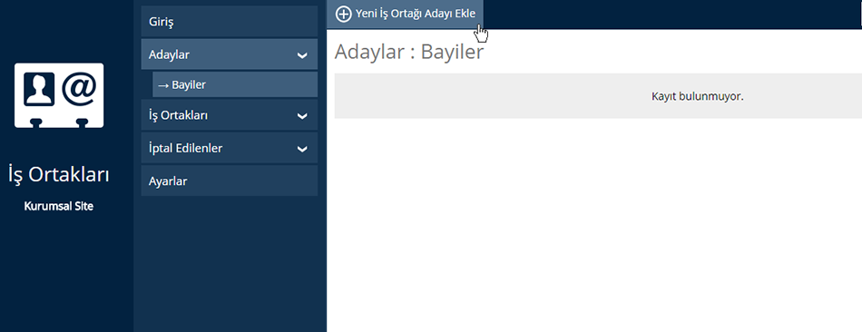 İş Ortakları Yeni İş Ortağı Adayı Ekleme