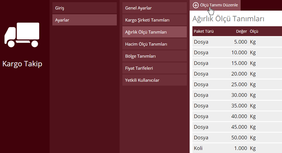 Kargo Takip Ağırlık Ölçü Tanımı Düzenleme