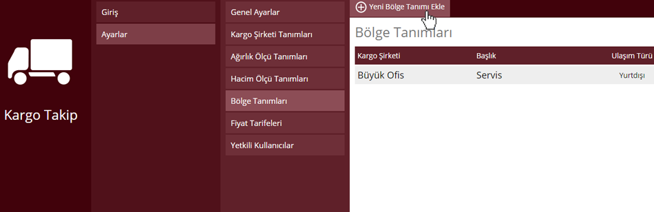 Kargo Takip Bölge Tanımı Ekleme