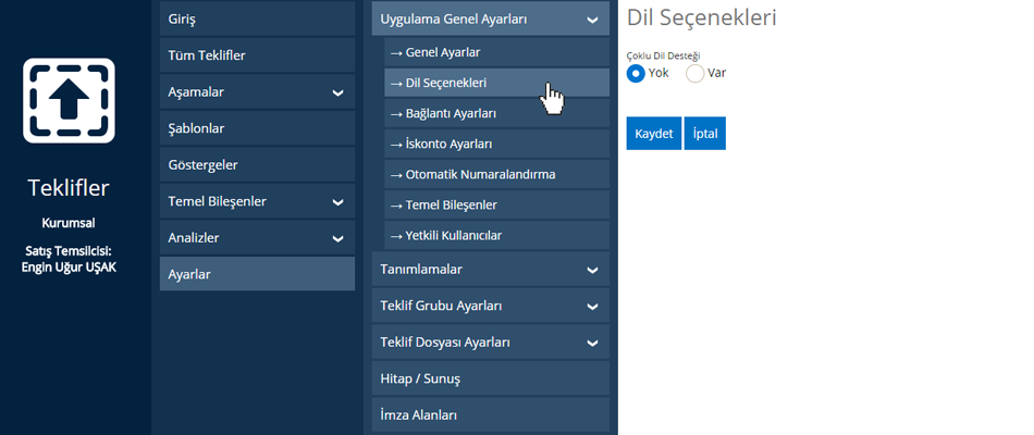 Teklifler Dil Seçenekleri