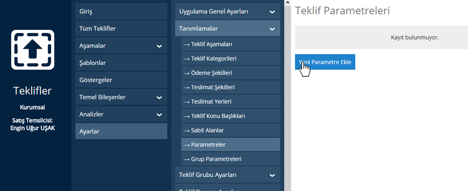 Teklifler Parametre Oluşturma